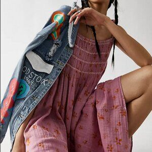 Free People Azure Maxi Dress Floral Printed Sleeveless Smocked Pink Tie